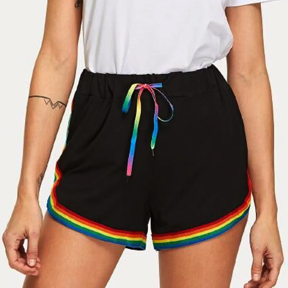 Summer Shorts Women Rainbow Print Striped Shorts Ladies Yo-ga Shorts Sport Running Fitness Drawstring Beach Short Pants Mujer