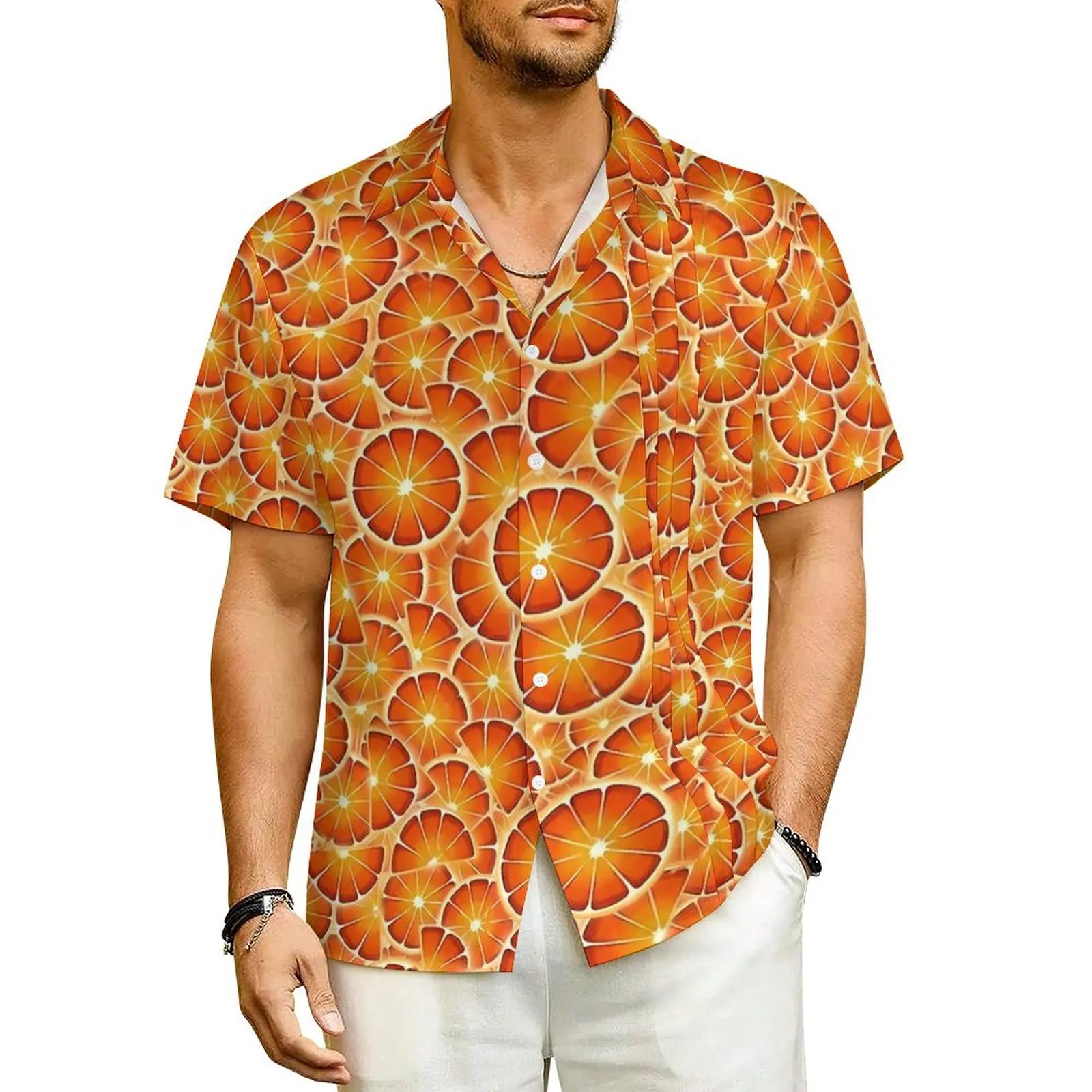 

Oranges Beach Shirt Men Fruits Print Vintage Casual Shirts Summer Short-Sleeve Streetwear Graphic Oversized Blouses Present