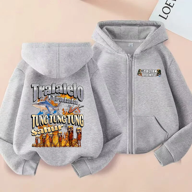 سترة بغطاء للرأس بسحاب من Brainrot الإيطالية للأطفال Tralalero Tralala سترة بقلنسوة للأولاد والبنات لربيع الخريف وأكمام طويلة ملابس أطفال هدية #1