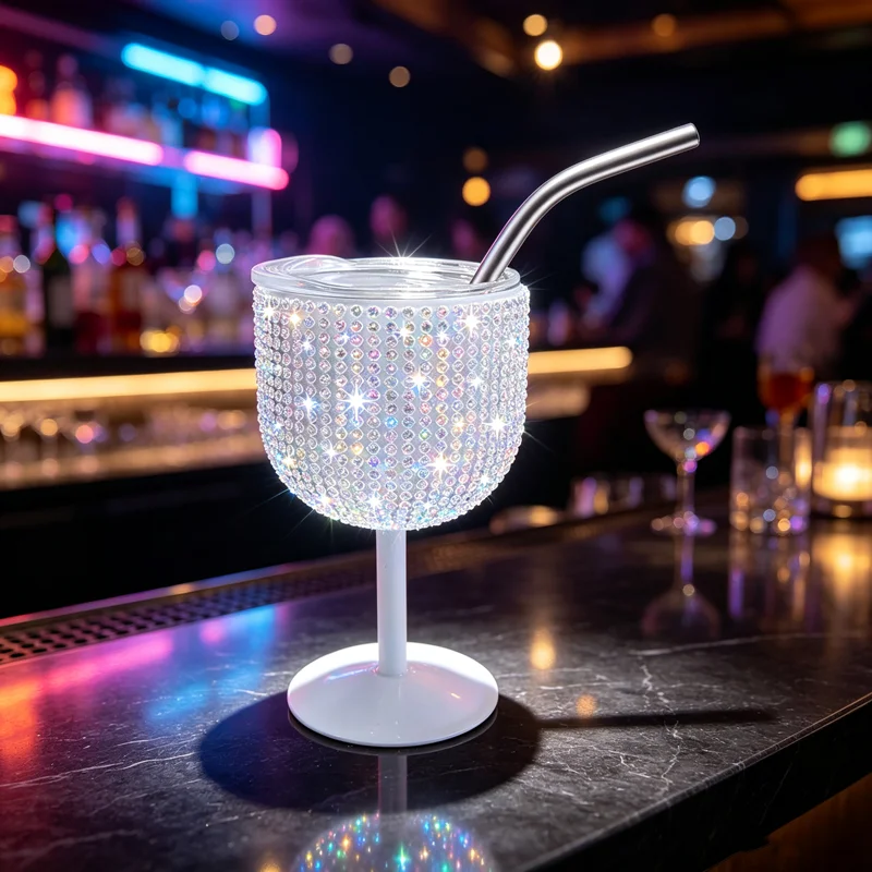 White Bling Rhinestone Stemmed Wine Goblet with Lid & Stainless Steel Straw Glitter Drinking Cup for Women Party Wedding Gift