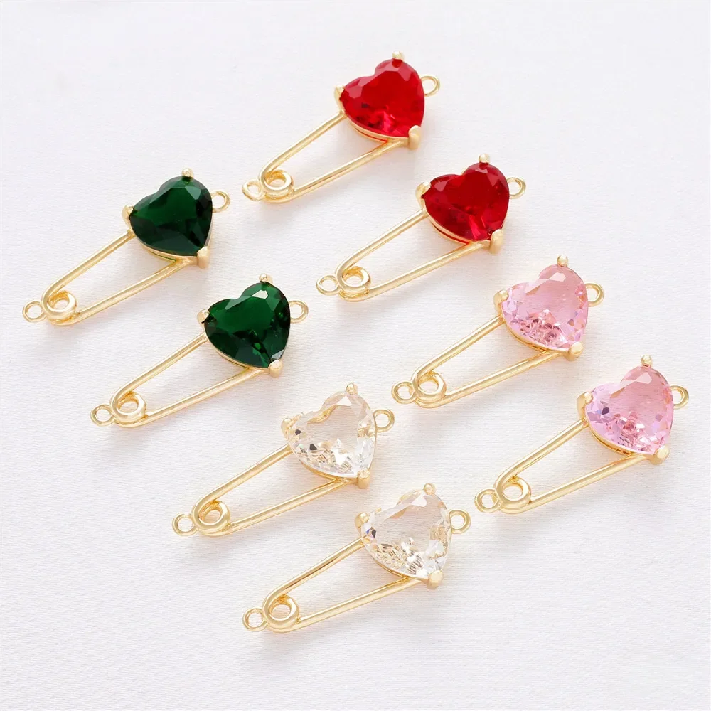 14K Bag Gold Inlaid Peach Heart Love Zircon Pin Double Hanging Pendant DIY Bracelet Necklace Jewelry Accessories
