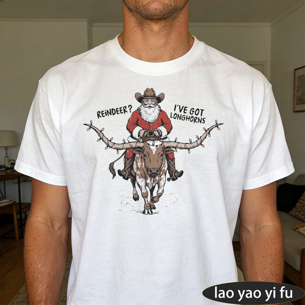 Santa Riding Longhorn Steer Christmas Western Quote Men Summer Cotton T Shirt Rustic Holiday Cowboy Motif Short Sleeve Daily Top
