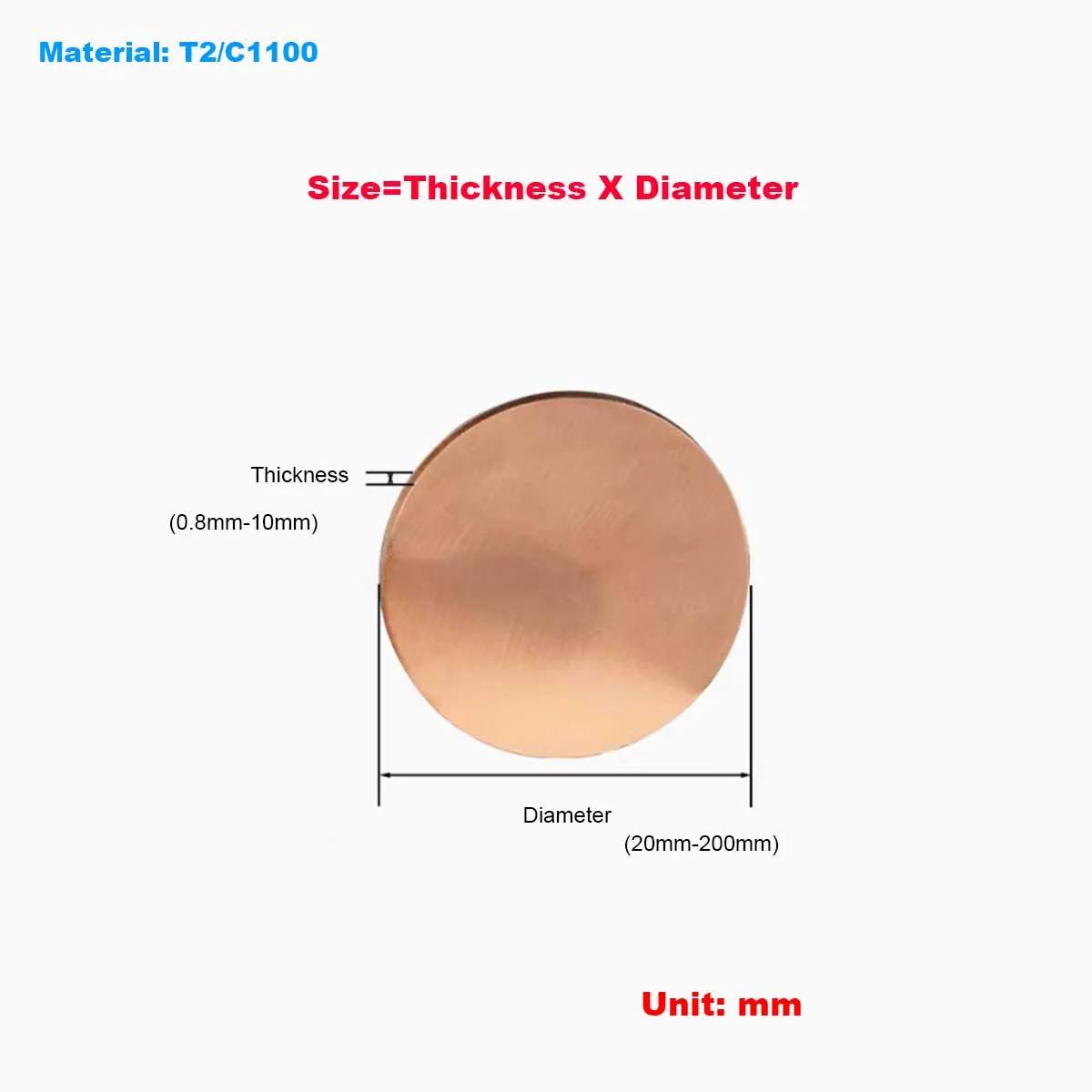 Thickness 0.8 1.0 1.2 1.5 2mm T2 Purple Copper Round Plate,   Solid  Copper Gasket