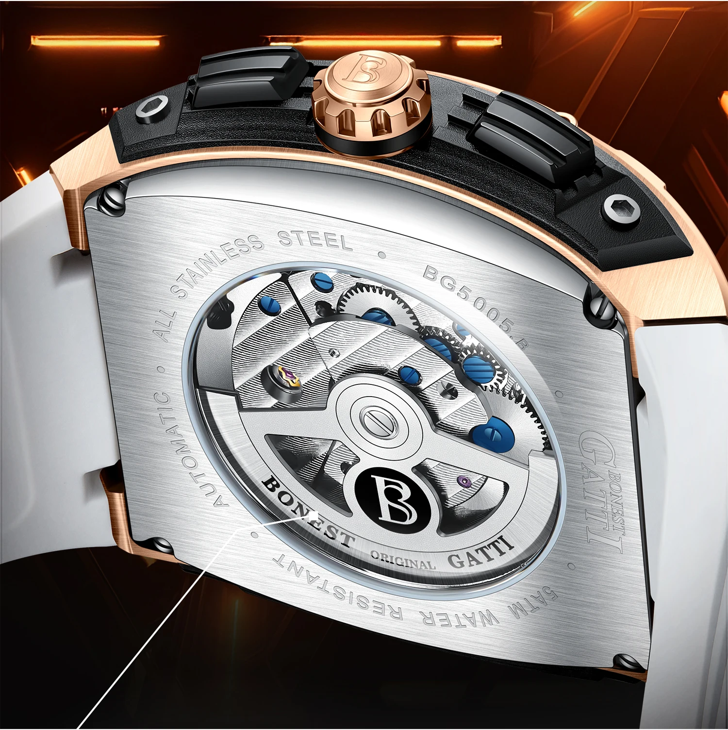 BONEST GATTI ساعة أوتوماتيكية للرجال Tonneau ساعة يد ميكانيكية مقاومة للماء الياقوت مضيئة تاريخ الأسبوع 24 ساعة حزام مطاطي فلوري