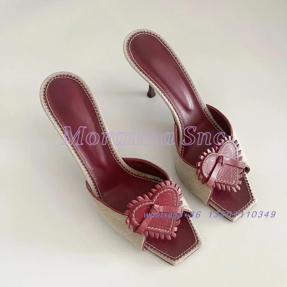 

New Heart Decor Square Toe Slippers Stiletto High Heel Retro Mixed Colors Sexy Women's Summer Shoes Sandals Slides Banquet 2025