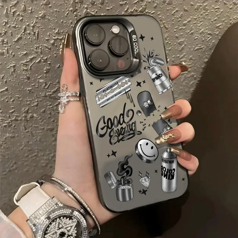 Cool Newspaper Graffiti Anti-drop Armour Case For iPhone 16 15 Pro Max 11 12 13 15 Pro XR XS 7 8 Plus Lens protect plating Cover