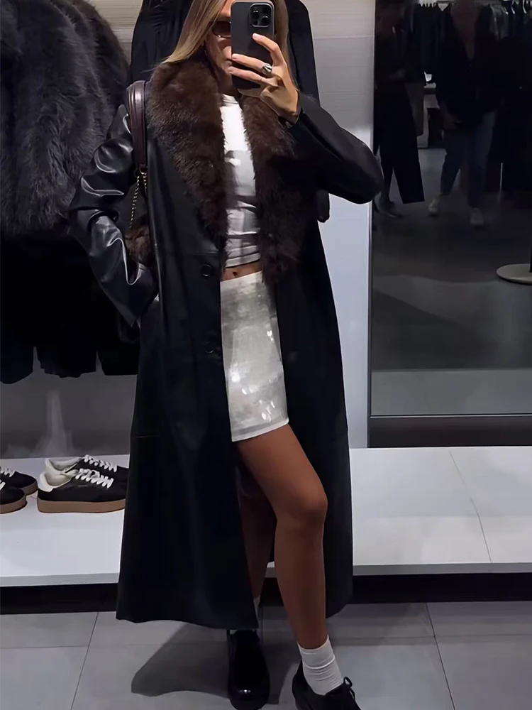 TFMLN شتاء جديد إمرأة فو الجلود معطف طويل شيك الصلبة طويلة الأكمام الفراء طوق الزخرفية حزام بولي يوريثان سترة عالية الشارع ملابس خارجية #2