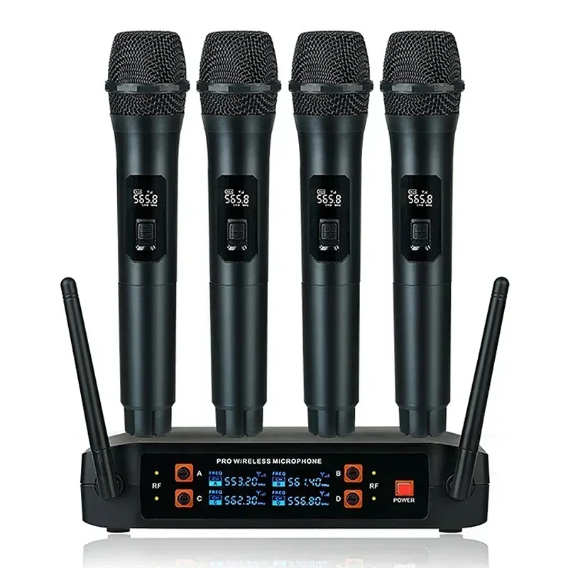 

Wireless Microphone System 4 Channel Professional VHF Handheld Fixed Frequency Dynamic Mic for Karaoke Wedding Party Church Show
