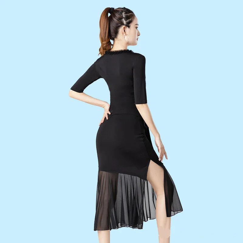 2024 New Women Black Mid-sleeve Sexy V-neck Mesh Fishtail Skirt Gauze Hemline Latin Dance Dress Ballroom Costume