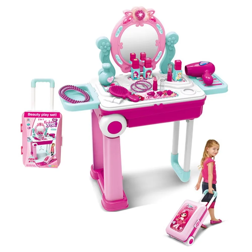 Beleza cômoda mesa fingir jogar princesa penteadeira conversível mala carrinho brinquedo conjunto portátil role play conjunto