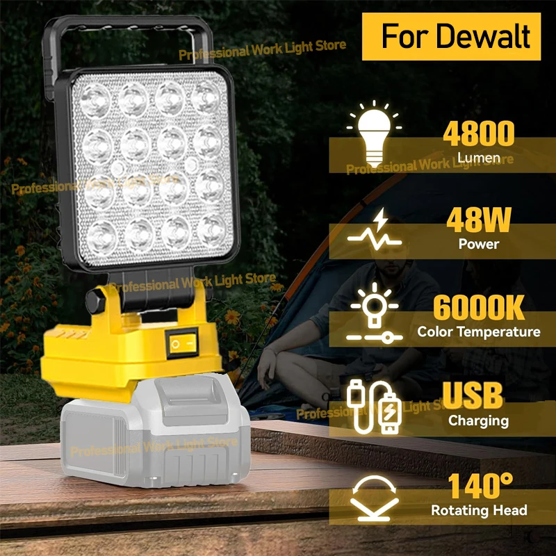For Makita/Milwaukee/Dewalt 18V LED Work Lights Battery Lamp Hand Lantern Spotlight USB Charger Power Tool Parts