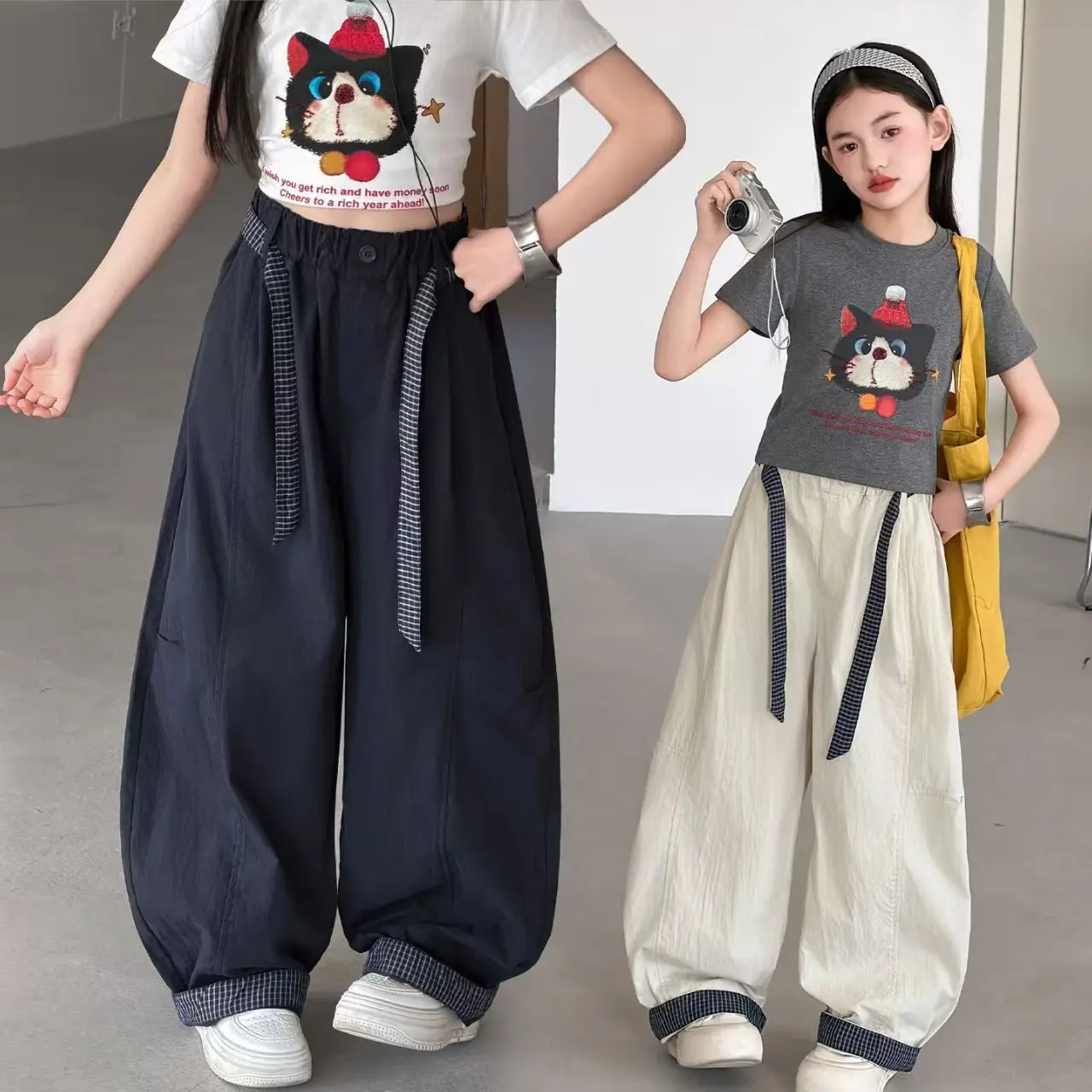 Girls' Wide Leg Pants 2026 New Korean Style Plaid Ribbon Casual Pants For Children's Summer Thin And Versatile Pants