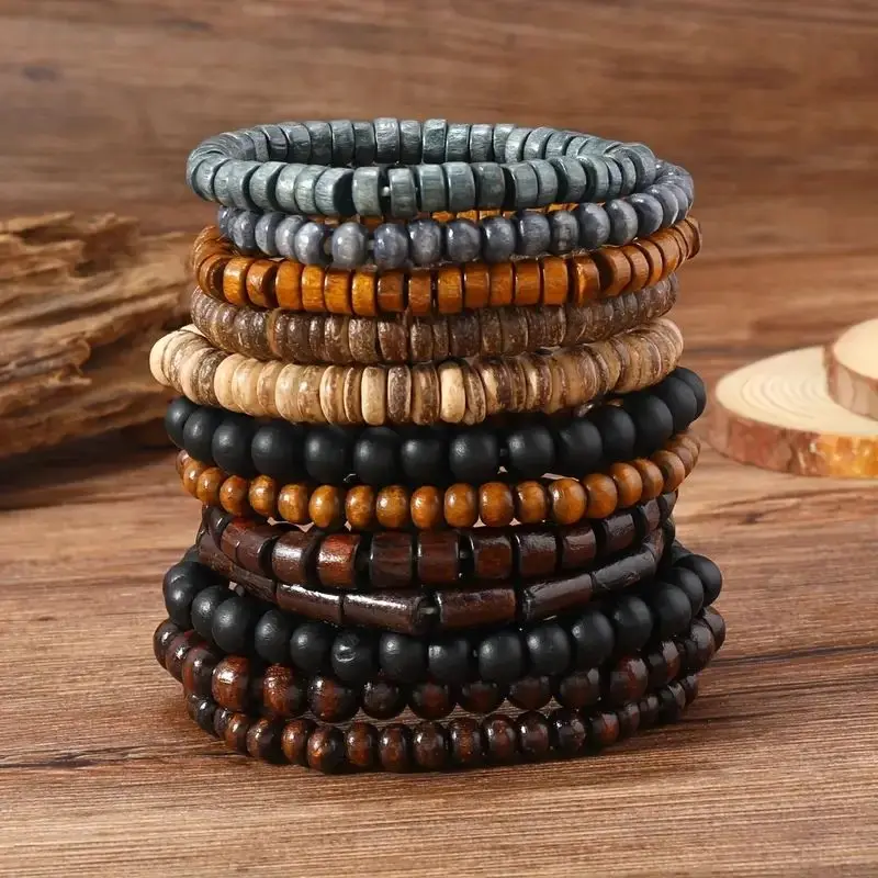 24pcs/set Men\'s Retro Trendy Multi-layer Bracelet Set, Versatile Elastic Thread Wooden Bead Bracelet
