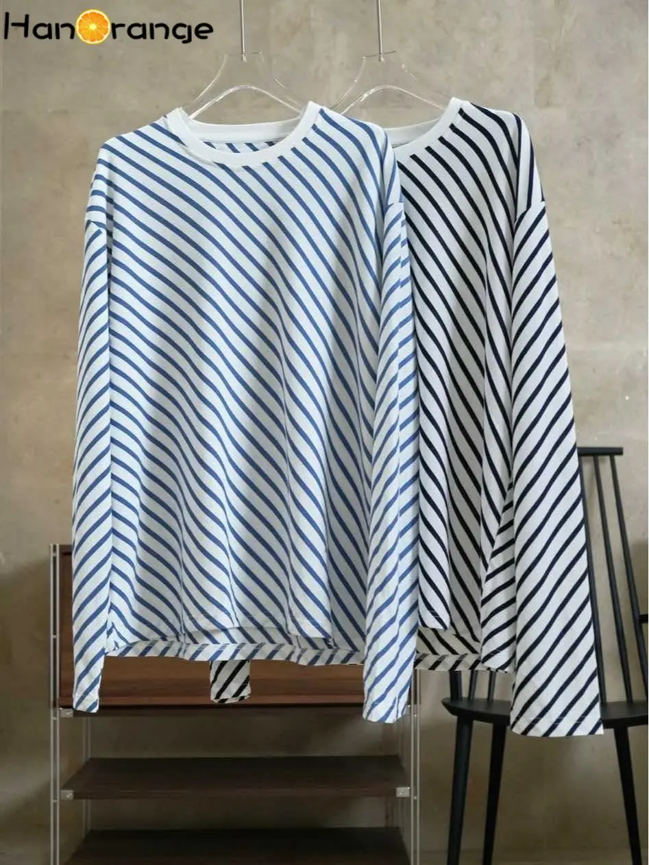 HanOrange 2024 Spring Summer Slouchy Simple Retro Diagonal Stripe T-shirt Women O-Neck Loose Casual Top Tees Female