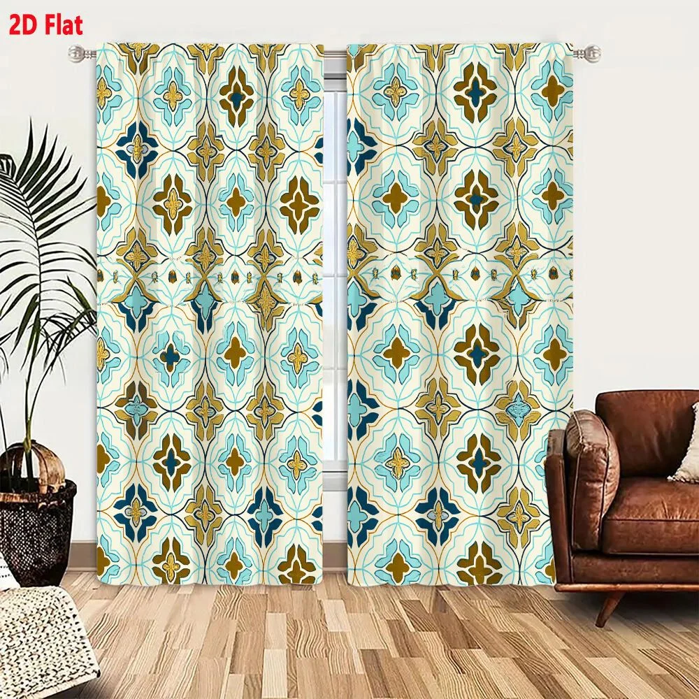 2Pcs Curtains 2D Flat Vintage Geometric Pattern With Olive Green Mustard Yellow Teal Blue And Navy Blue Interlocking Floral Moti