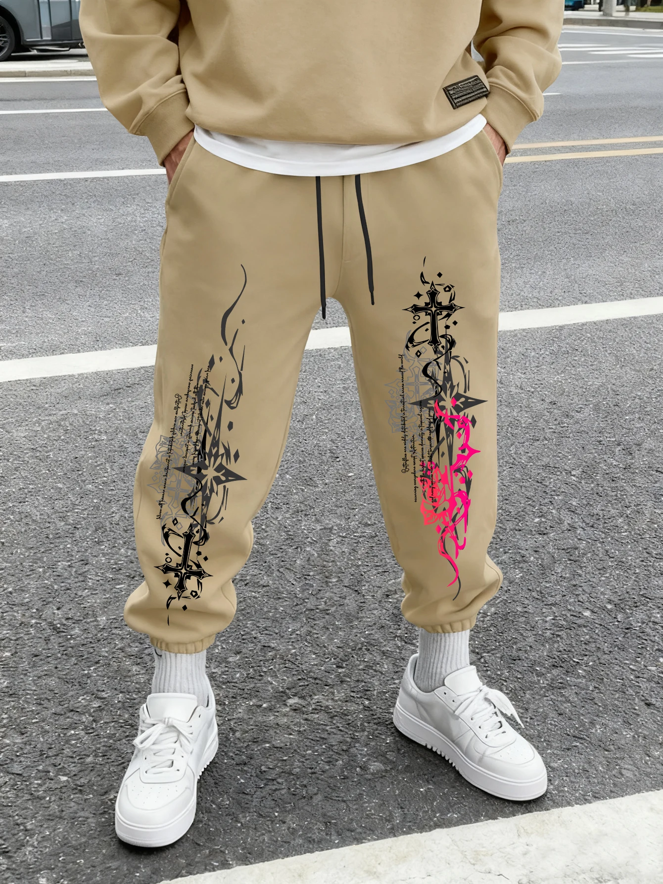 Men Jogger Sweatpants Gothic Cross Side Print Drawstring Elastic Cuff Streetwear Casual Sports Trousers