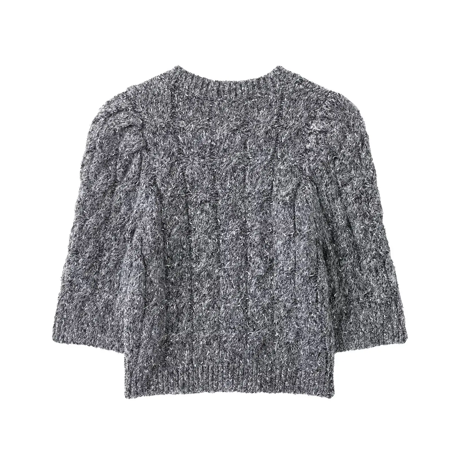 KONDALA Chic Grey Fashion 2025 Knit Half Puff Sleeve Elegant Straight O-Neck Sweater Casual Female Streetwear Commute Knitwear