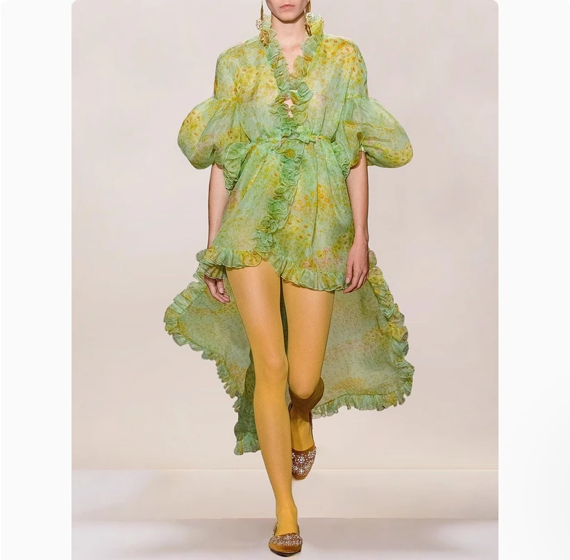 

Vintage black fungus collar palace style dress with short front and long back irregular long skirt, green floral dress