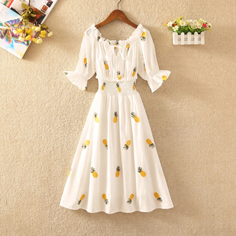 Strawberry Dress Cherry Kawaii Embroidery Puff Sleeve Dress Women Vintage White Slash Neck Beach Dresses 2022 Korean Clothes