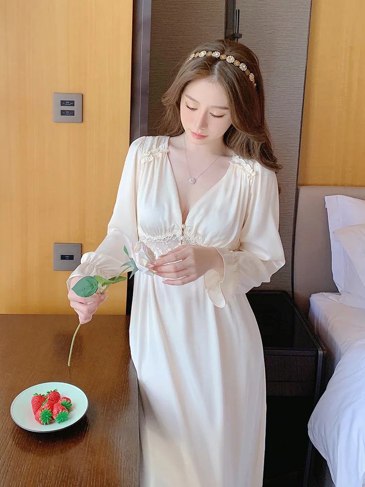 Autumn Palace Style Nightdress Sexy V-Neck Lace Spliced Nightgown Ice Silk Long Sleeve Loose Casual Intimate Lingerie Home Wear