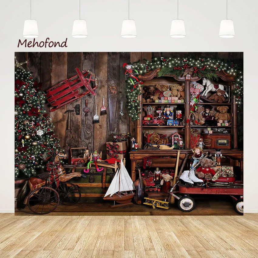 

Mehofond Christmas Wooden Wall Kids Portrait Backdrop for Photography Xmas Gift Toy Bear Sailboat Decor Background Studio Photo