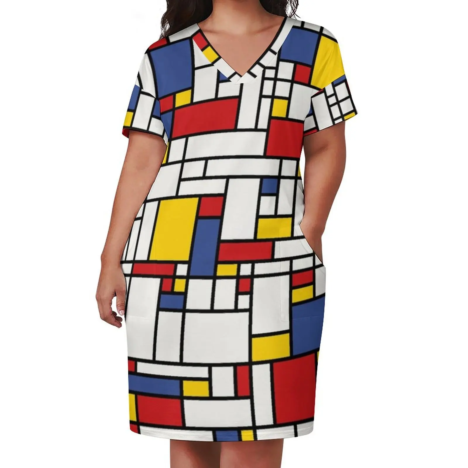 Piet Mondrian Abstract Pop Art 1960s Red Blue Yellow Rectangles Loose Pocket Dress Dance dresses loose women