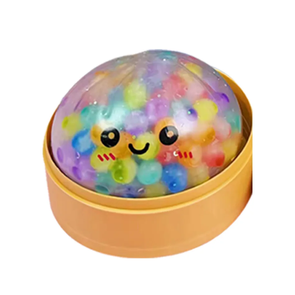 Sugar Edition Rainbow Bead Dumpling Squishy Fidget Toy – Buntes, mit Perlen gefülltes Quetsch-Spielzeug zur Stresslinderung mit Bambus-Dampfgarer-Etui
