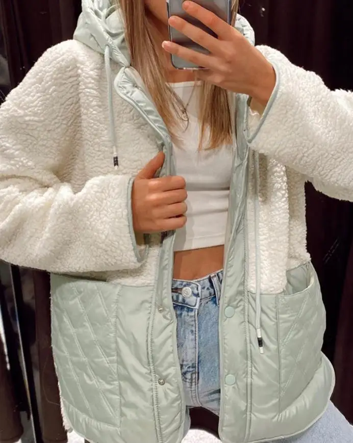 Women's Jacket 2025 Spring Autumn Fashion Polar Fleece Patch Hooded Coat Casual Pocket Design Loose Single Breasted Winter Coat