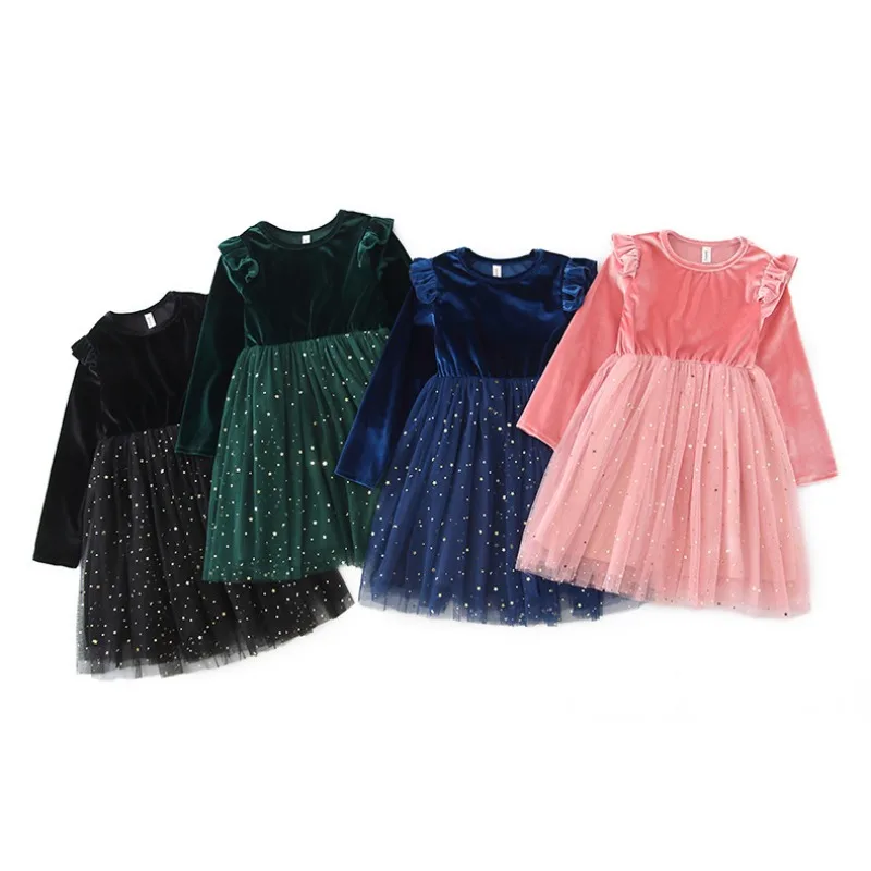 Винтажное платье с длинными рукавами и рюшами, костюм принцессы для рождественской вечеринки, детский зимний костюм, сетчатая юбка со звездами