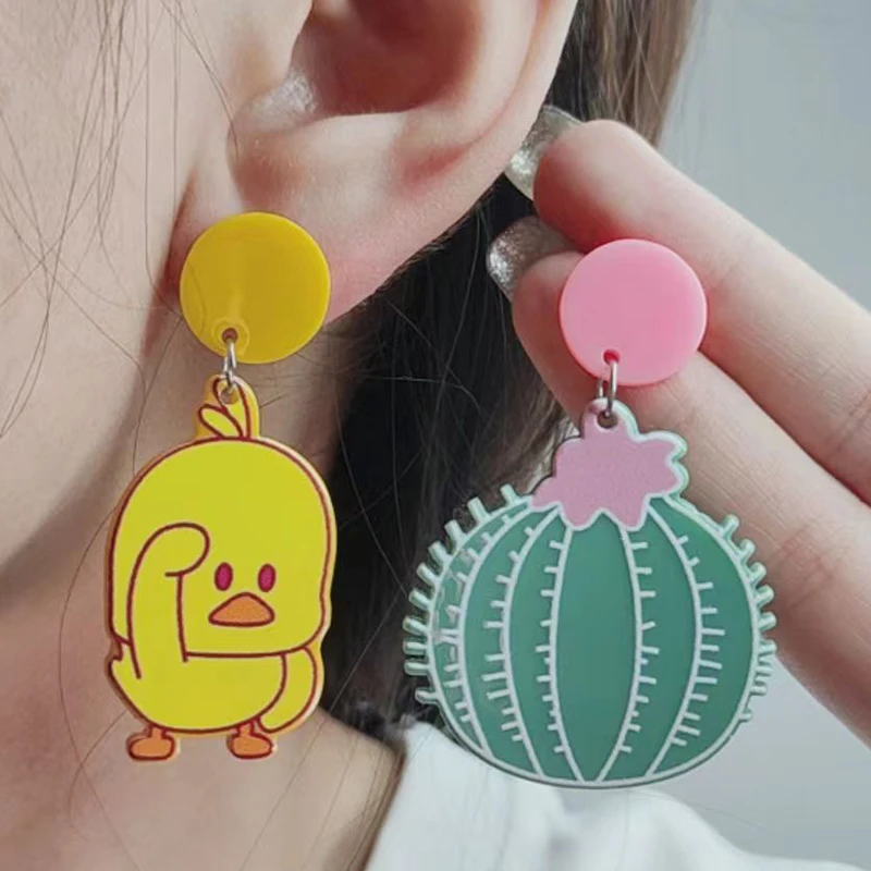 Sweet And Cute Cartoon Style Little Yellow Duck Cactus Ear Studs Minimalist Fashionable Design Earrings For women