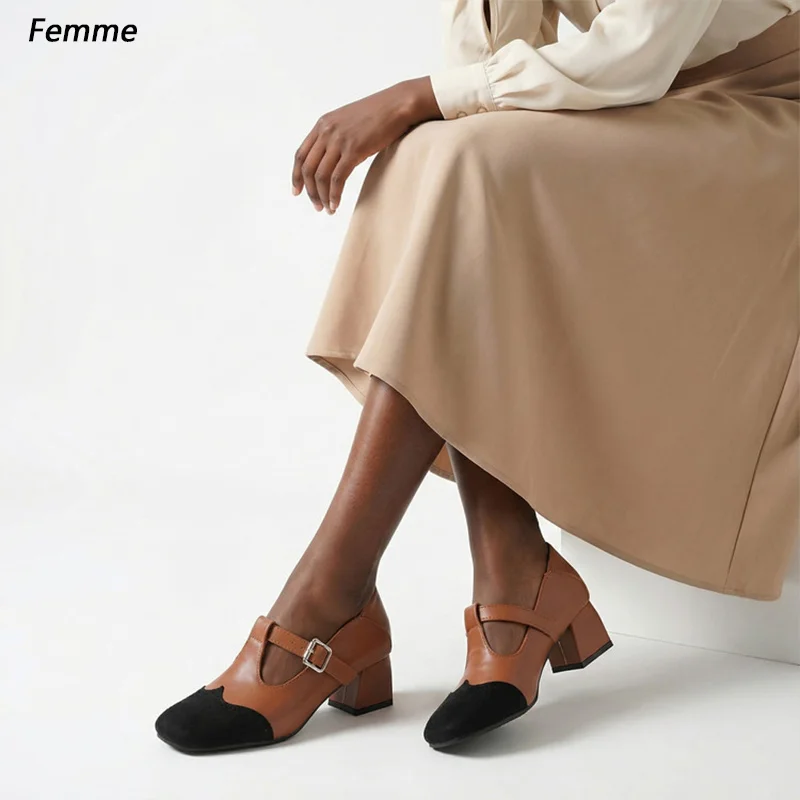 Femme Women's Tan and Black Suede Mary Jane Shoes, Retro Block Heel Buckle Strap Ladies US Size 35-48
