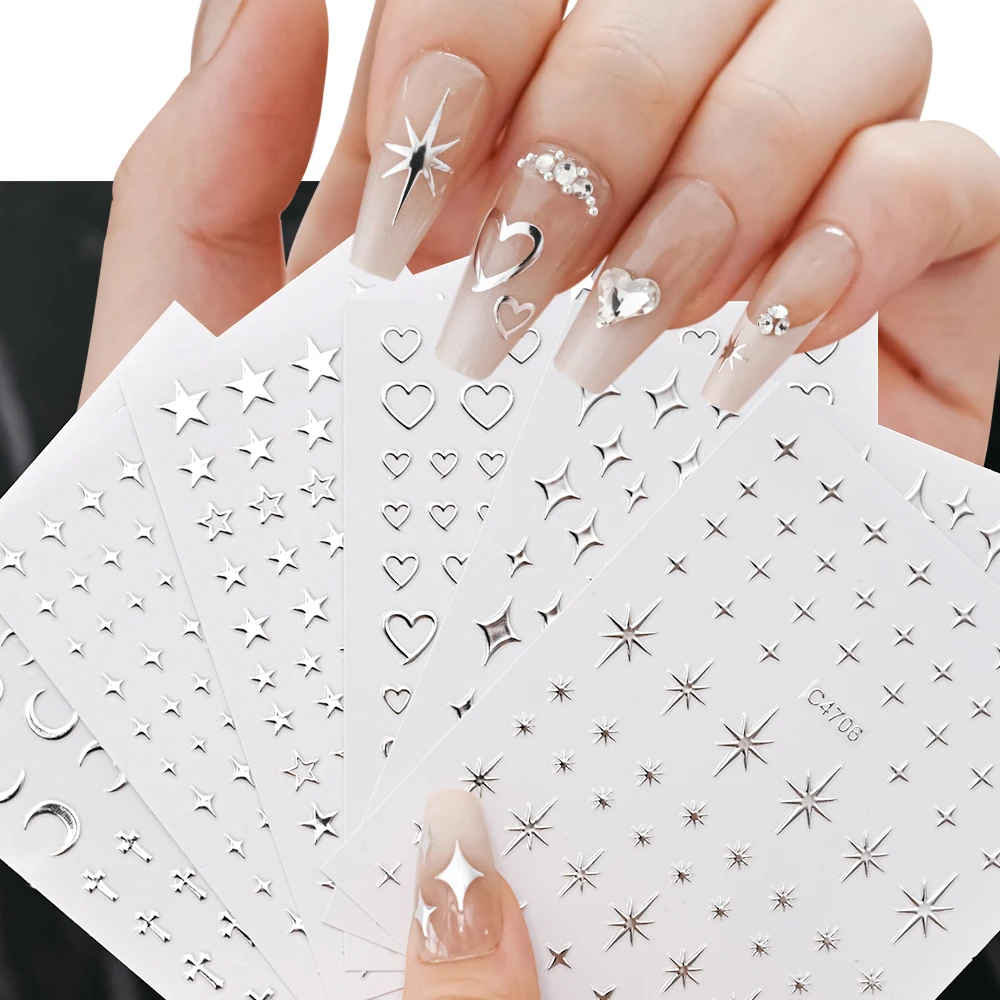 1Pc Zilver Starry Love Moon Nail Art Stickers Metallic Spiegel Zelfklevende Ster Nagel Sticker Schuifregelaar Y 2K Hart Manicure Decoratie