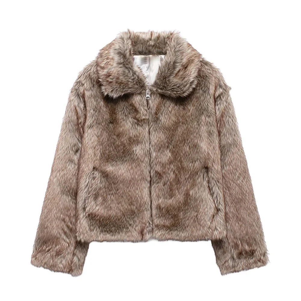 women's pocket decoration warm zipper style fur jacket autumn and winter new item lapel long sleeved loose jacket