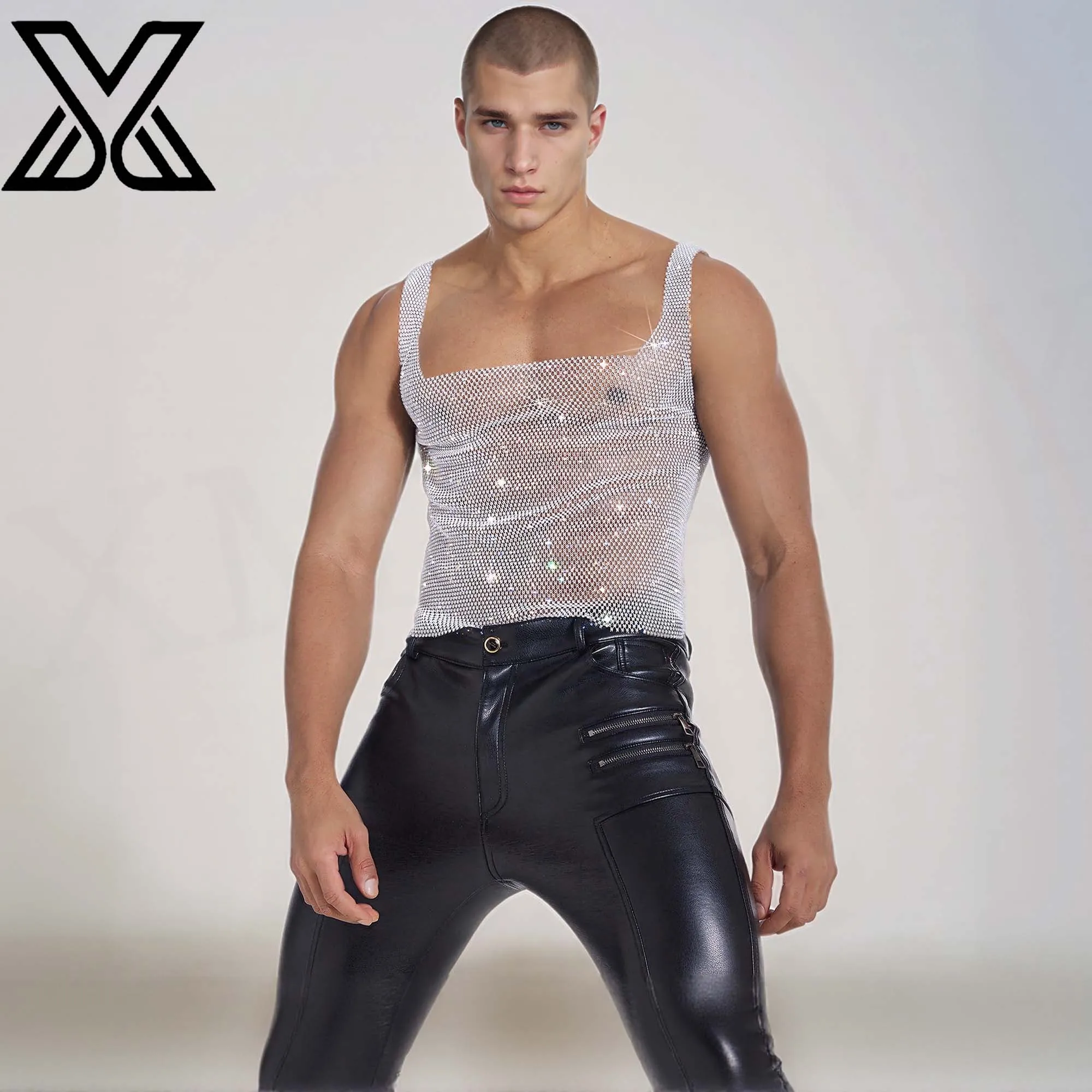 XMJXMY Sparkling Diamond Men's Strap Top Beach Sparkling Swimsuit Personalized Full Diamond Perspective Bottom Tank Top