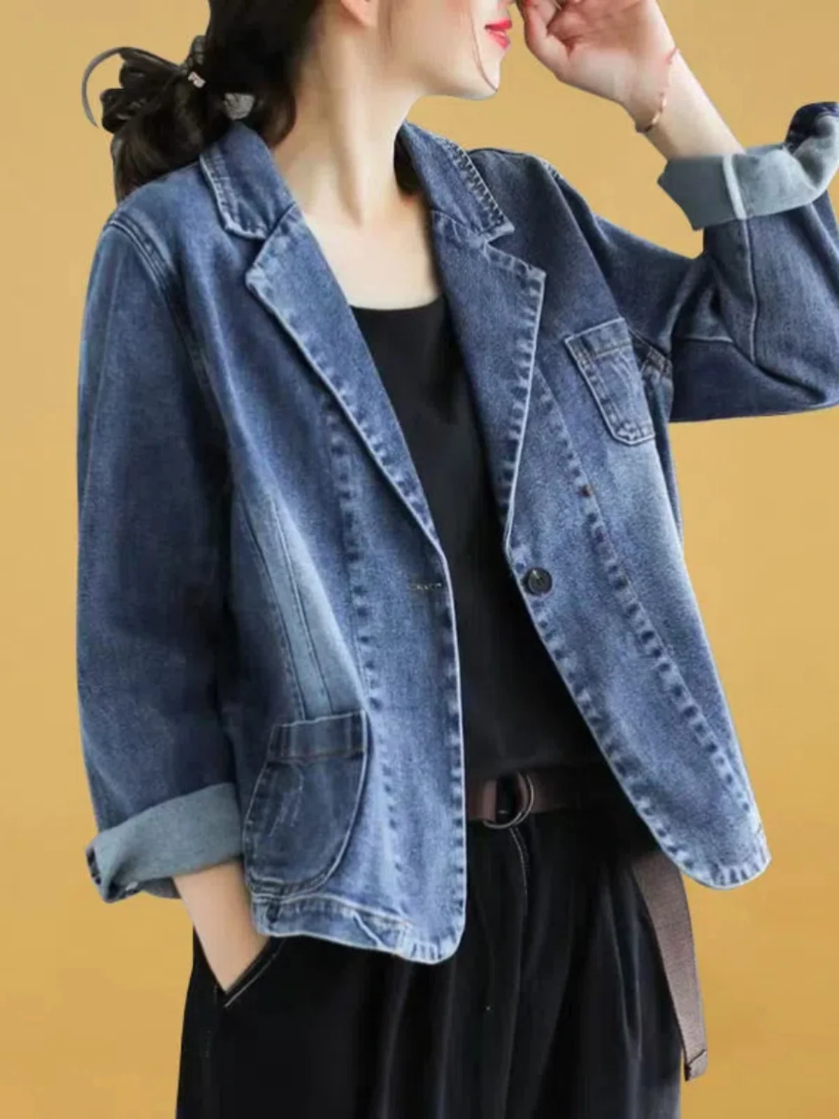 Jaqueta Jeans Feminina Solta e Elegante para Primavera/Outono, Estilo Casual Curto, Moda Casual para o Dia a Dia, Manga Longa