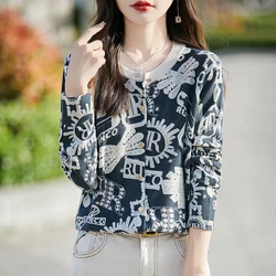 2024 Spring/Autumn New Women's Day Silk Print Flower Knitted Crewneck Cardigan Fashion American Vintage Sweater Cardigan Blouse