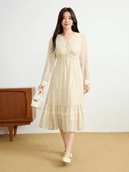 DUSHU Office Lady Women's Flowing Umbrella Chiffon V-neck Lace Dress 2025 Spring Fashion Midi Casual Loose Dress 25DS81218