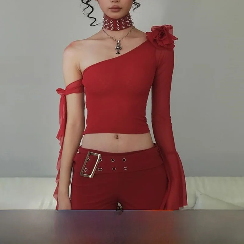 

Sexy oulder Bared Asymmetrical Flared Sve T irt Women Summer Floral Decoration Crop Top Trendy Streetwear ort Sve...