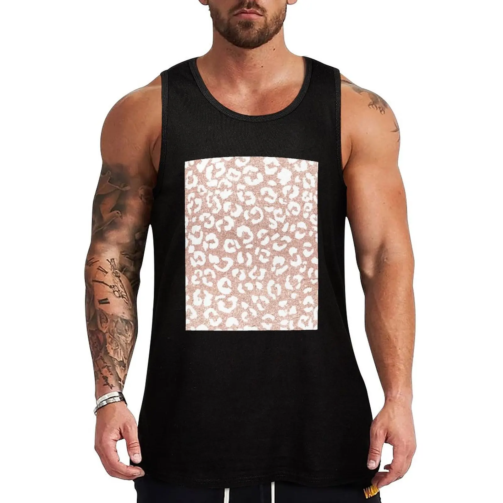 White hand painted leopard pattern on faux rose gold glitter Tank Top Active Wear Tank Top Quick Dry Athletic Sleeveless
