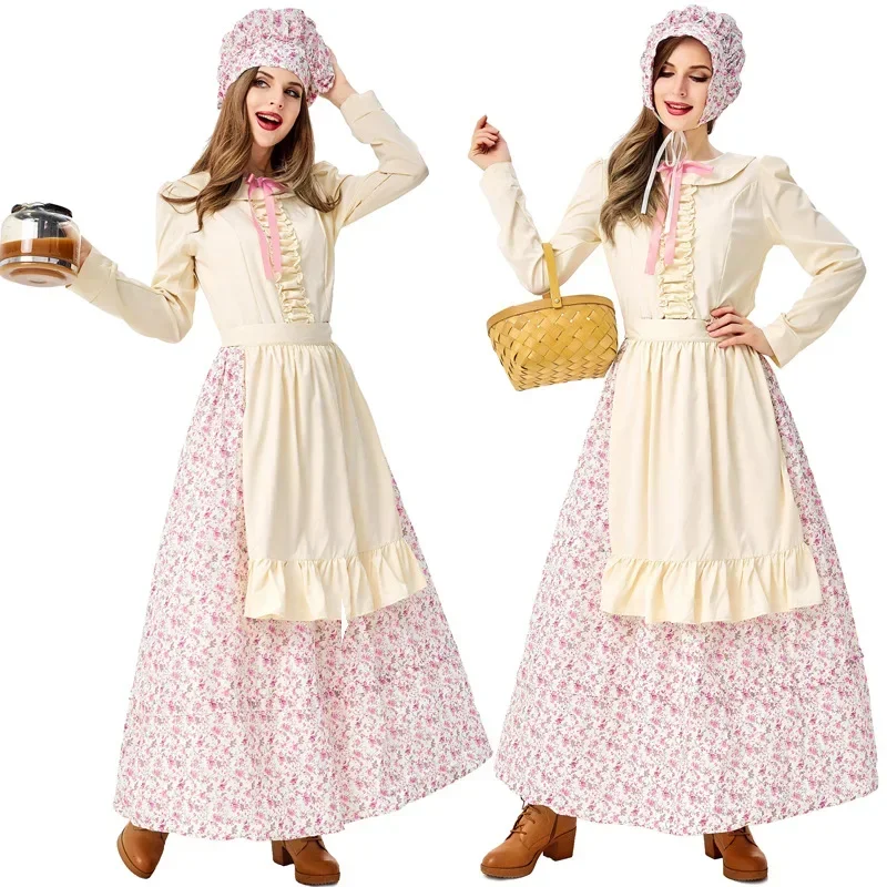 Adult Women Prairie Pioneer Woman Costume Colonial Dress Floral Halloween Purim Carnival Party Cook Maid Costumes