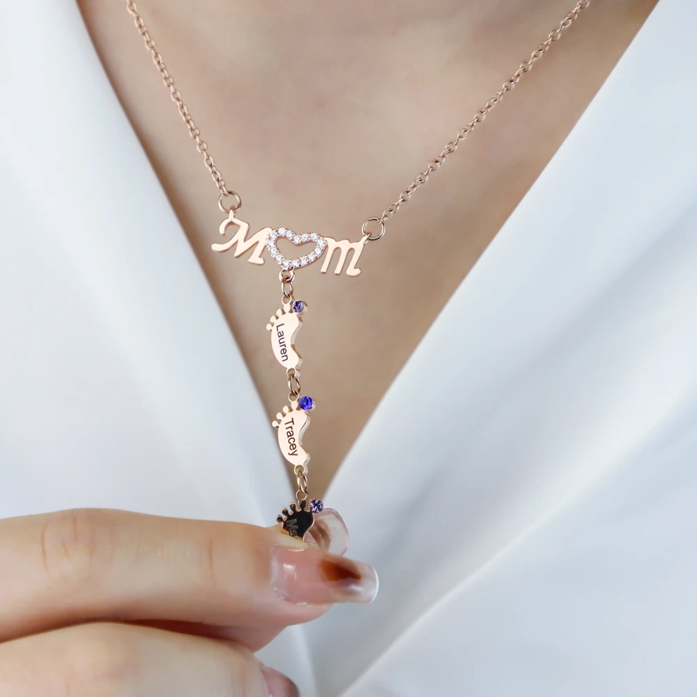 Personal isierte Namen Mutter Halskette Baby Füße Anhänger Halskette Edelstahl Halskette Schmuck Geschenk Muttertag Geschenk – Detail 11