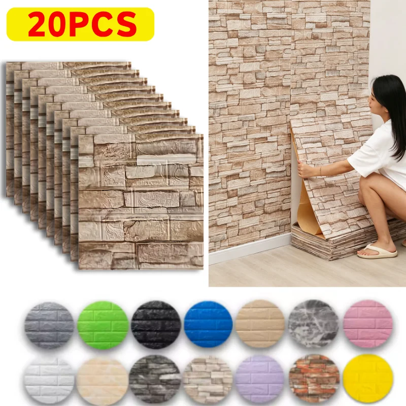 20 Stück 38 cm x 35 cm 3D-Ziegelstein-Wandaufkleber, selbstklebende, wasserdichte, schmutzabweisende Tapete, Wohnzimmer, Küche, TV, Hintergrund, Wanddekoration
