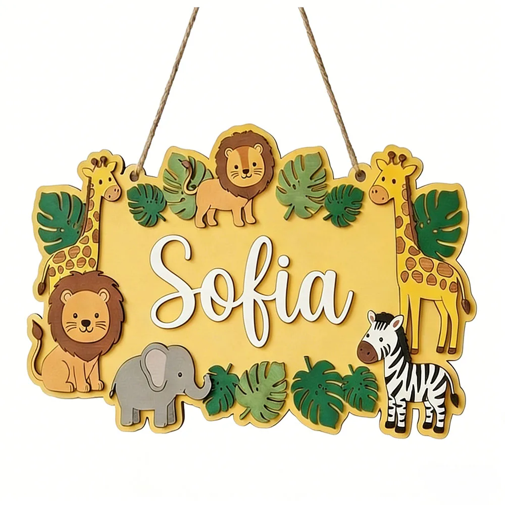 Personalized Safari Name Sign, Cute Yellow Jungle Wooden Nursery Decor, Lion Giraffe Door Plaque, Unique Animal Lover Gift image 5