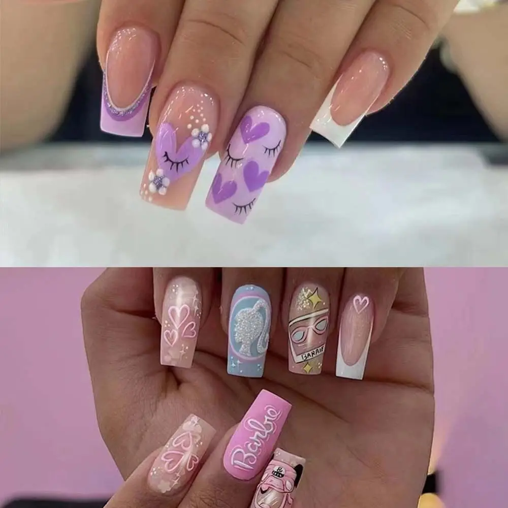 Moda longo quadrado unhas falsas francês glitter girassóis falso nials destacável cobertura completa dicas de unhas diy