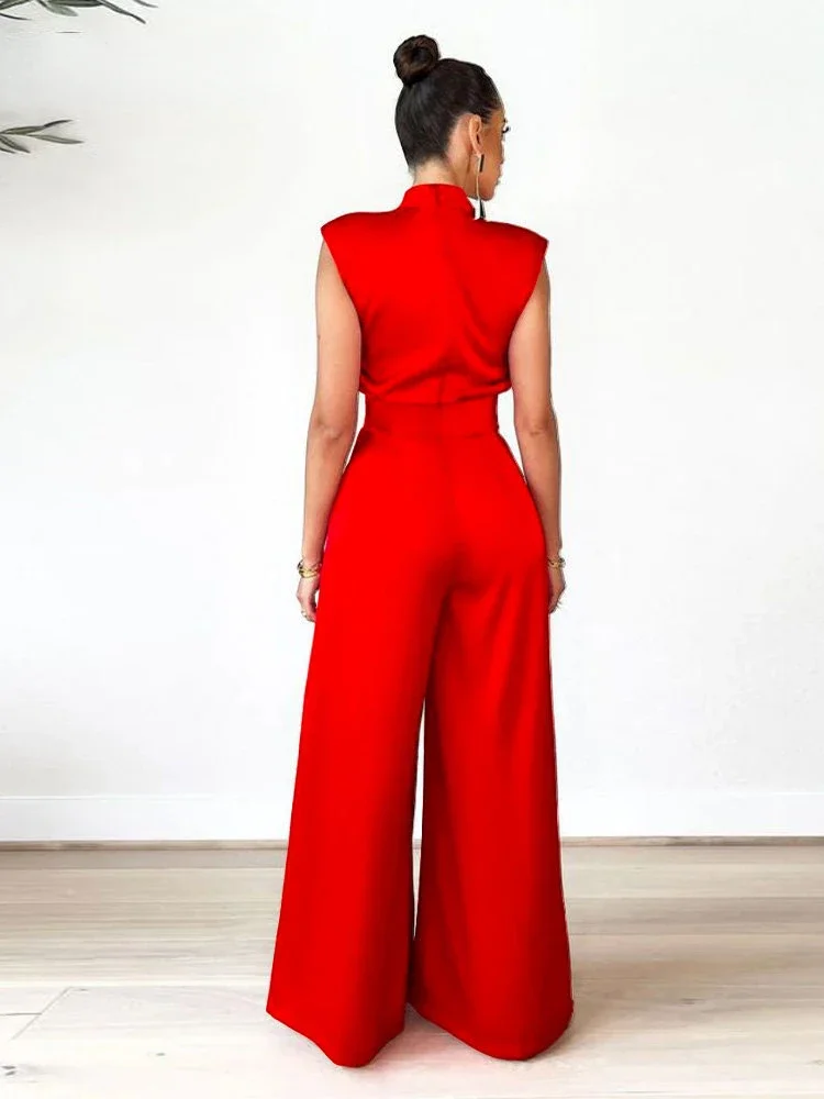 Women\'s Jumpsuit Spring Summer New Elegant Wide Leg Pants Bodysuit High Collar Sleeveless Jumpsuits for Women Full Length