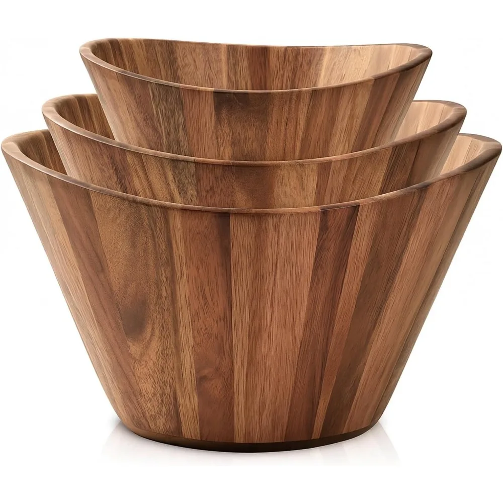 

Handmade Wooden Salad Bowl Set of 3 - Wavy Design, Durable and Stylish Natural Wood Dining Accessory