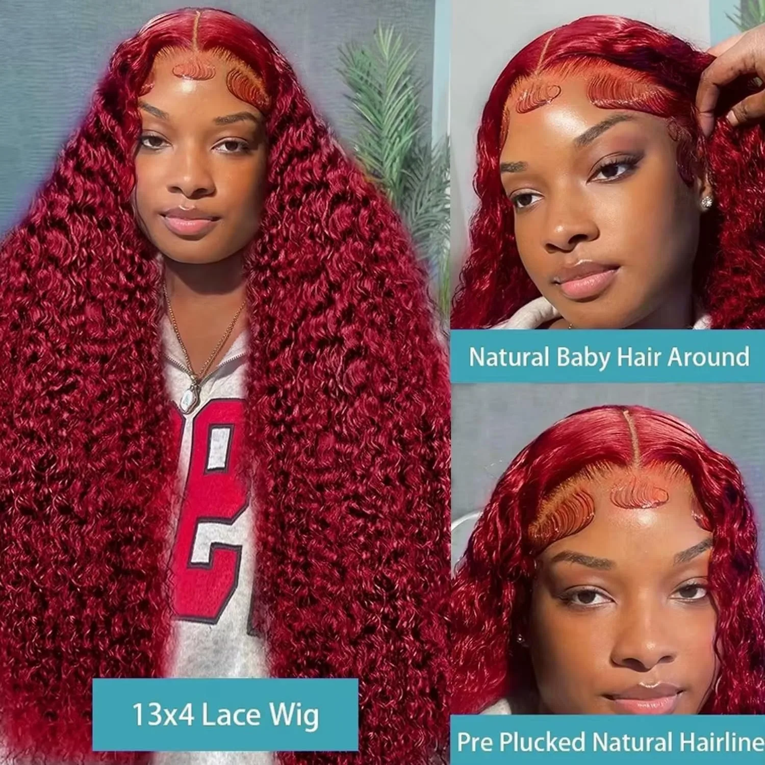 30 40 Inch Burgundy 99j Deep Wave Lace Frontal Wig Curly Human Hair Wigs 250% Density 13x4 13x6 HD Lace Front Human Hair Wigs image 3