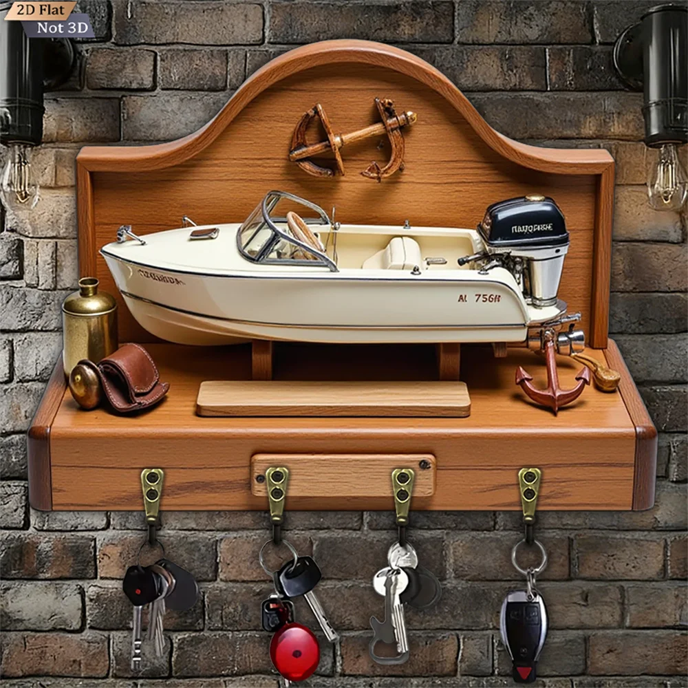 2D Flat, 1pc, Boat-Shaped Wooden Key Hook, Wooden Multi-Functional Home Key Hook with Four Metal Hooks, Wall Decor, Porch