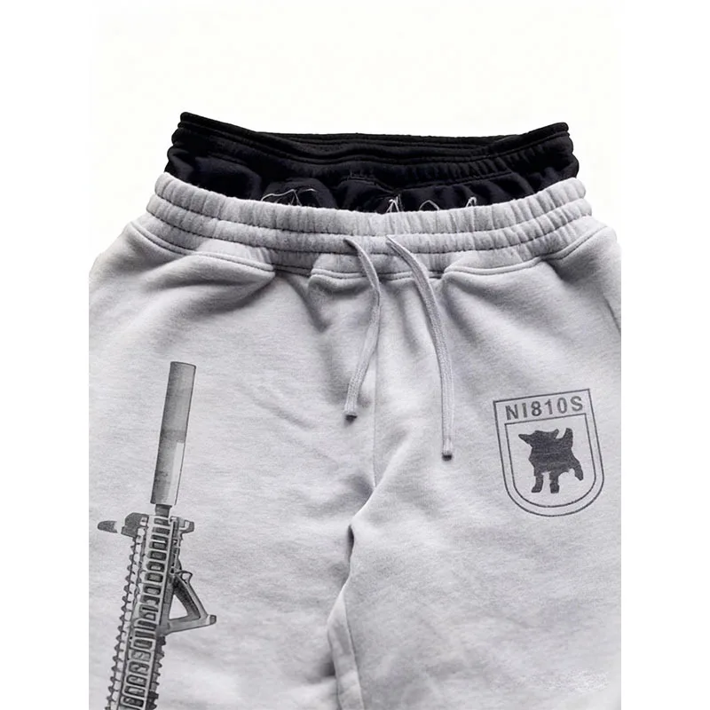 Oversized Gray Sweatpants with Gun Graphic Men's 2025 New Streetwear Loose Wide Leg Pants Hip Hop Casual Trousers