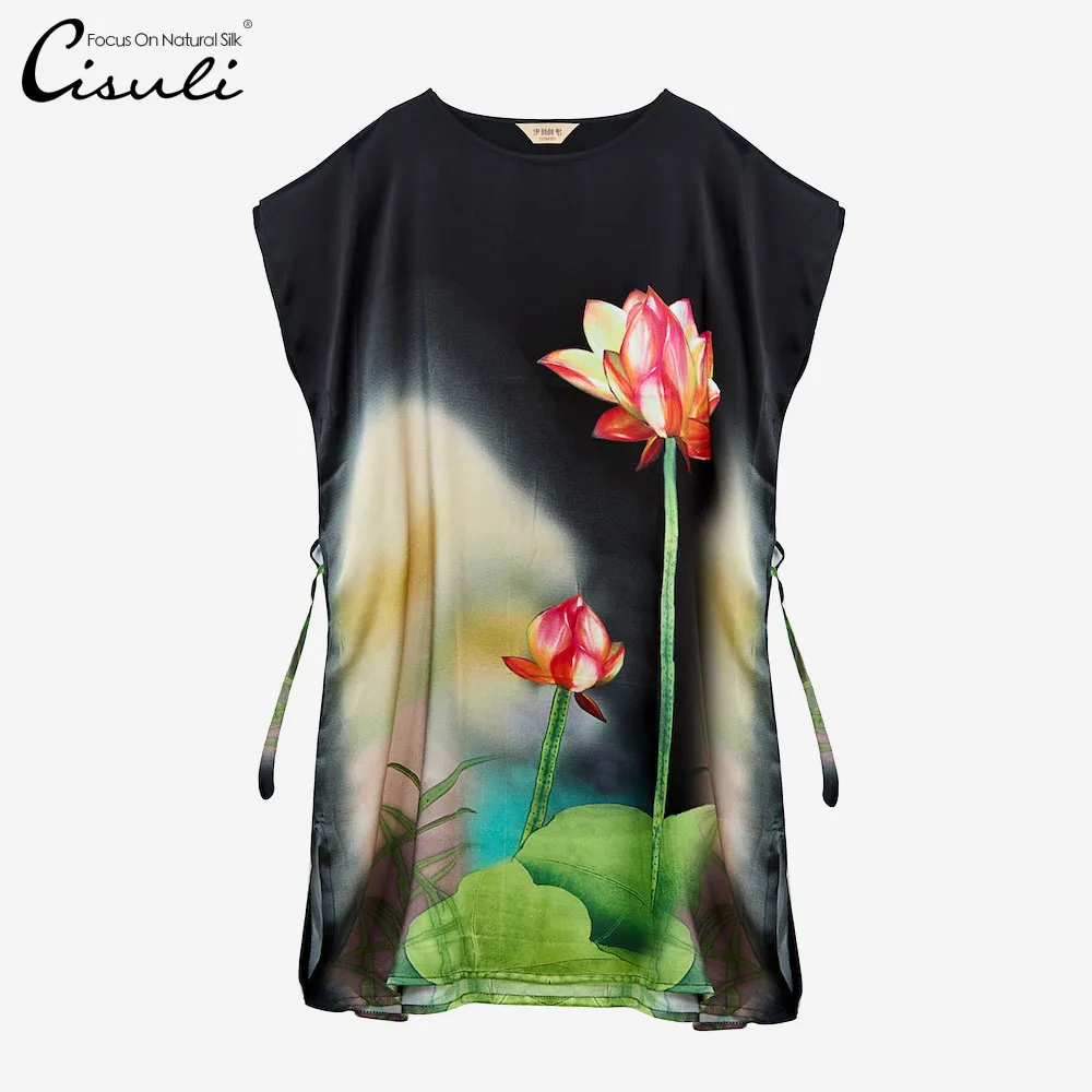 CISULI 100% Pure Mulberry Silk Dress Luxury Soie Satin Fabric Printed Plus Size Version High Quality Gift